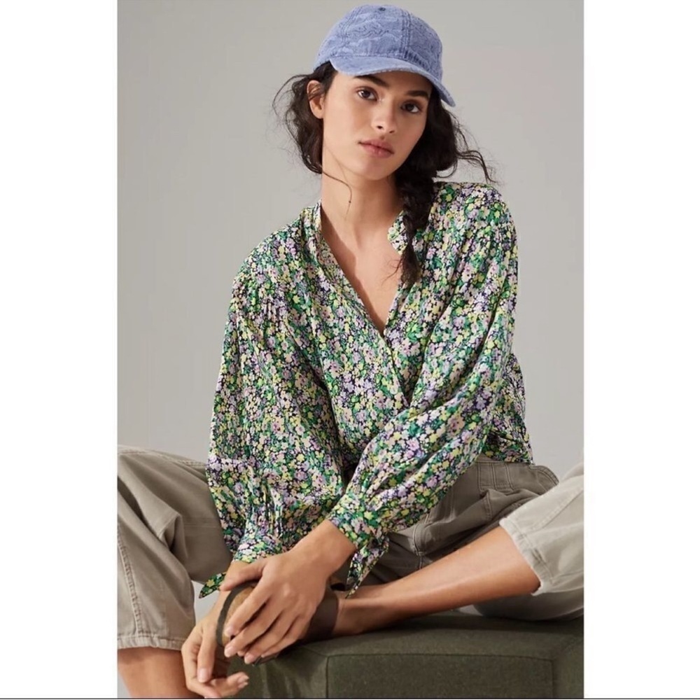 Anthropologie Maeve Ashleigh Puff-Sleeved Button Down Floral Top Blouse Large